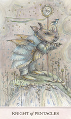 Card featuring a rhinoceros in armor with a bird, titled 'Knight of Pentacles'.