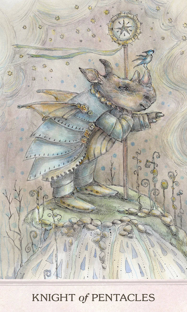 Card featuring a rhinoceros in armor with a bird, titled 'Knight of Pentacles'.
