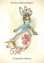 Illustration of a rabbit character with decorative clothing and accessories, featuring text 'Sir Norval Munchington' and 'Escape the ordinary.'.