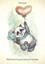 Illustration of a panda holding a heart-shaped balloon with text 'Ginseng Hold close to your sense of wonder.'