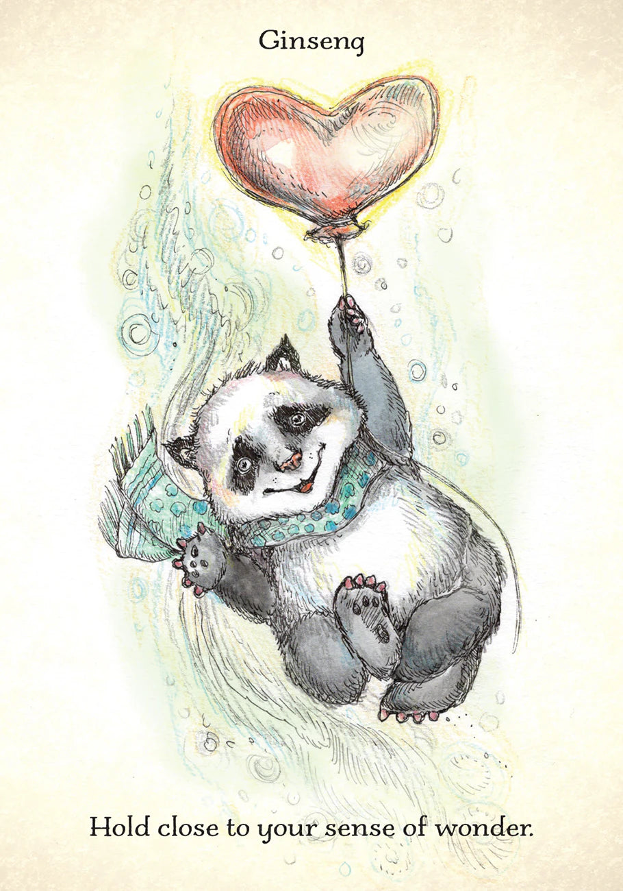Illustration of a panda holding a heart-shaped balloon with text 'Ginseng Hold close to your sense of wonder.'