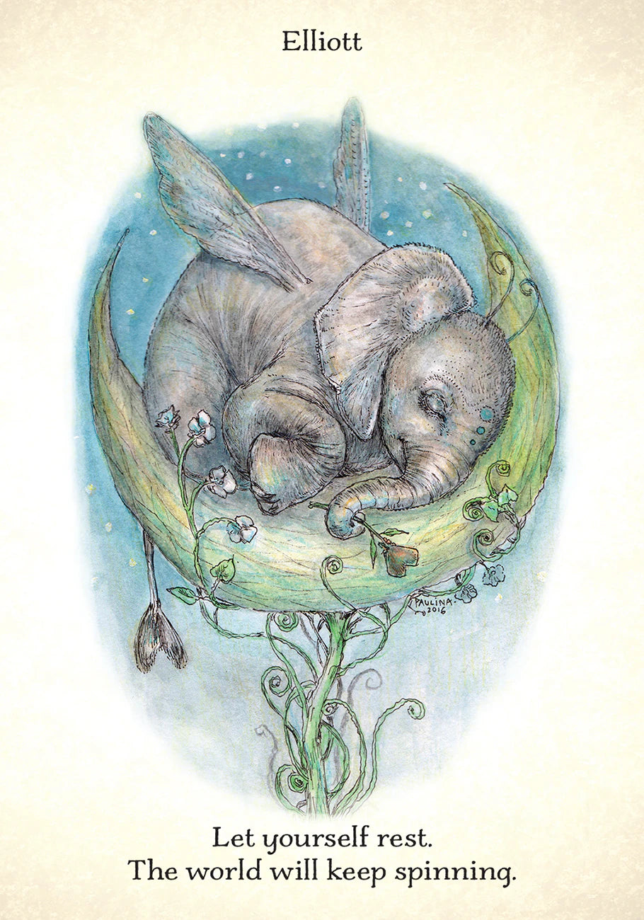 Illustration of a baby elephant sleeping on a crescent moon with a motivational quote.