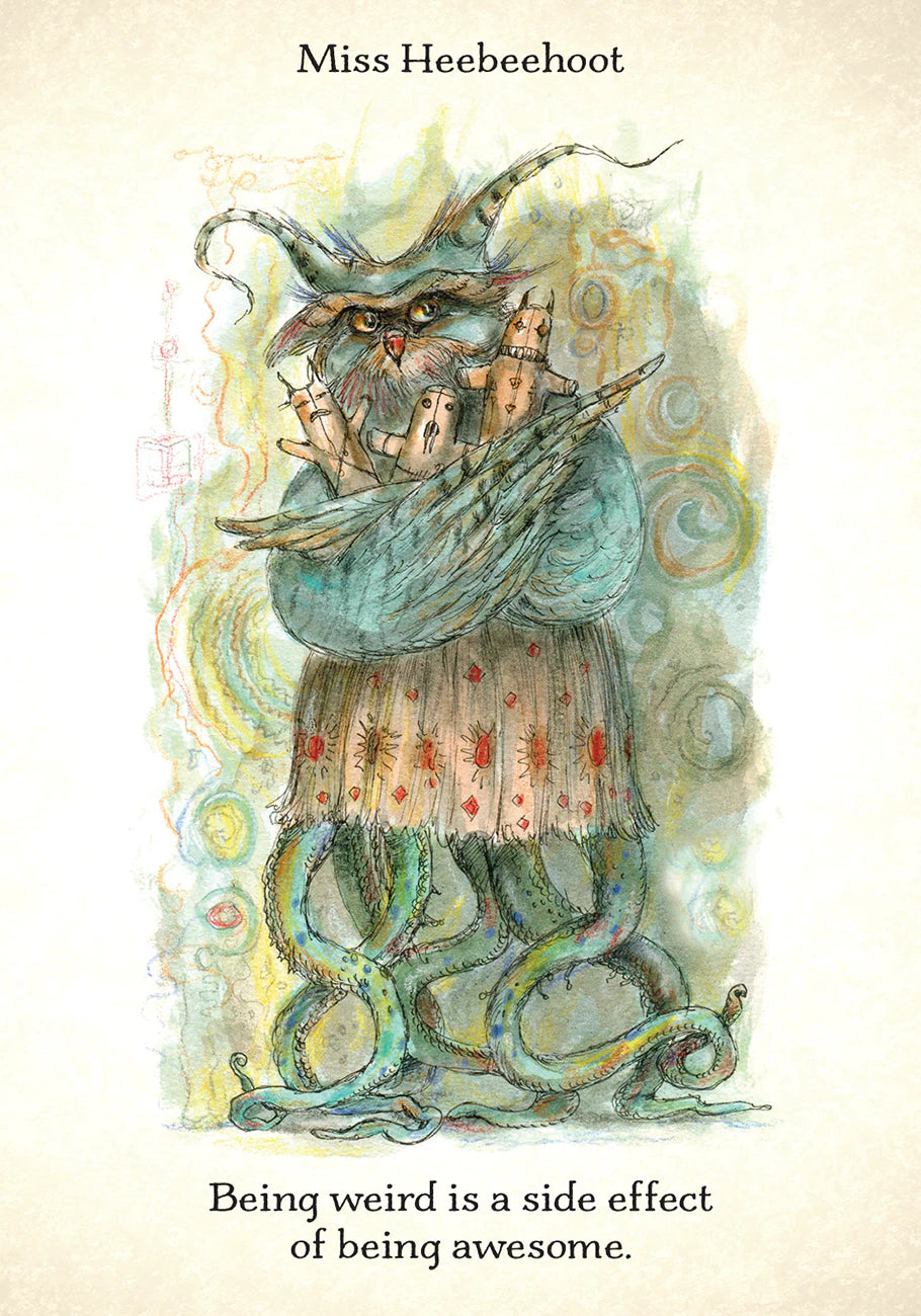 Illustration of a character with tentacles and text 'Miss Heebeehoot' and 'Being weird is a side effect of being awesome.'