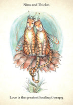Illustration of two fairy cats sitting on a flower with a quote about love being the greatest healing therapy.