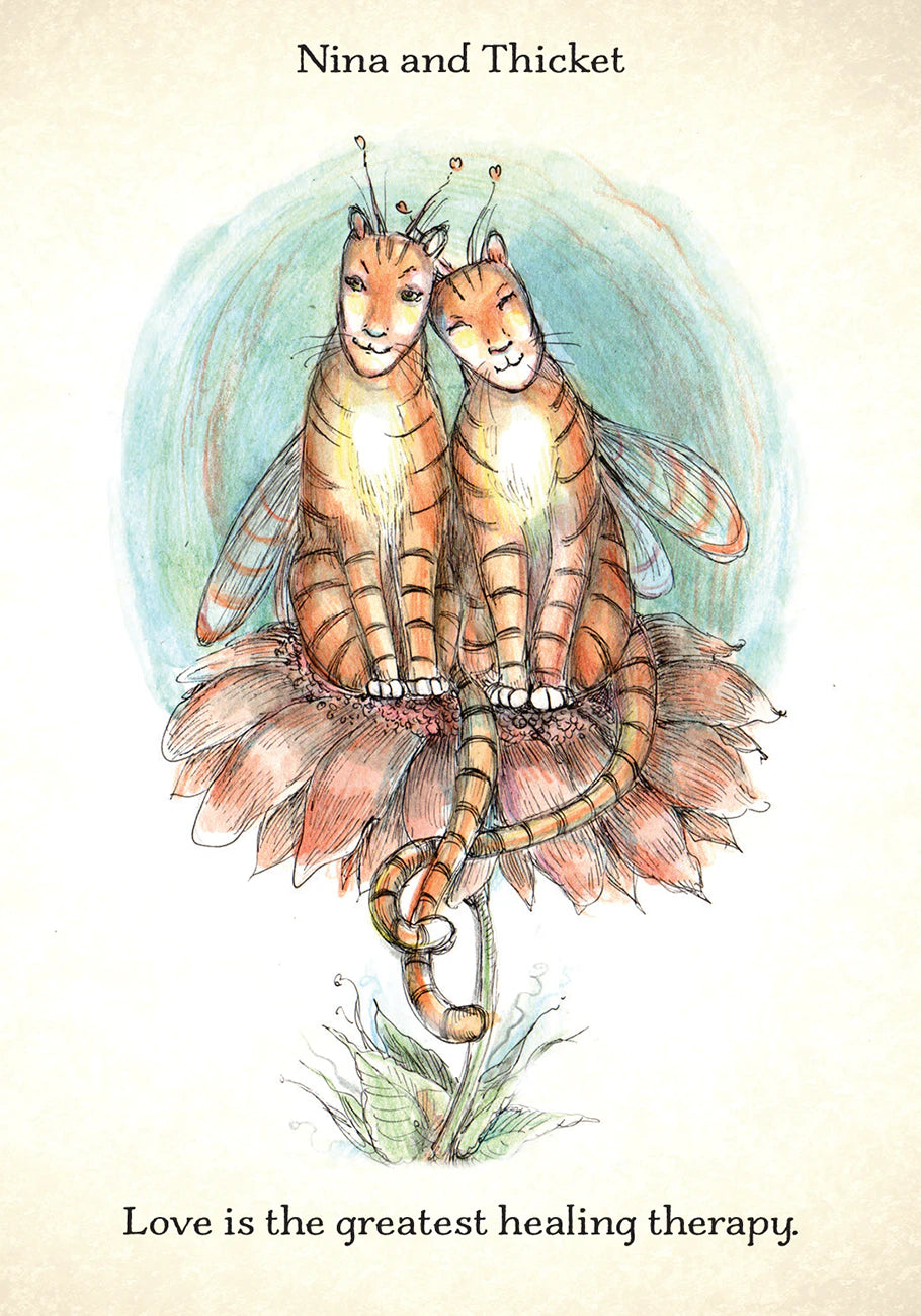 Illustration of two fairy cats sitting on a flower with a quote about love being the greatest healing therapy.