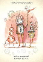Illustration of whimsical characters with text 'The Carnivale Crusaders' and 'Life is a carnival. Revel in the ride.'