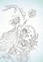 Line drawing of a witch with a broom and various mystical elements on a light blue background