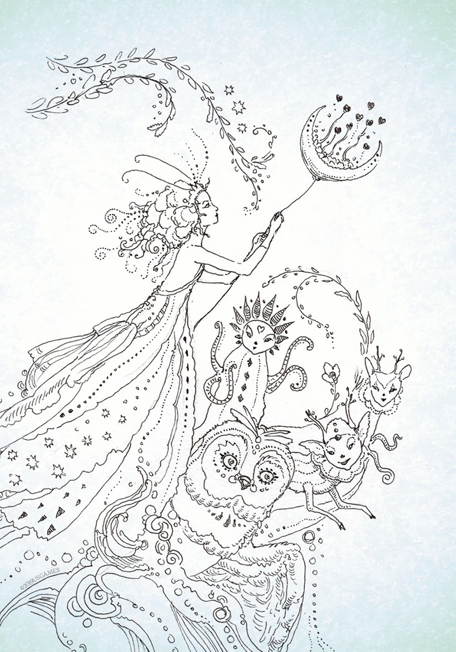 Line drawing of a witch with a broom and various mystical elements on a light blue background
