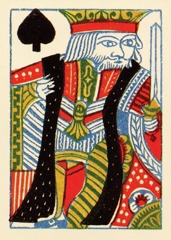 Colorful illustration of a king with a spade symbol on a decorative background