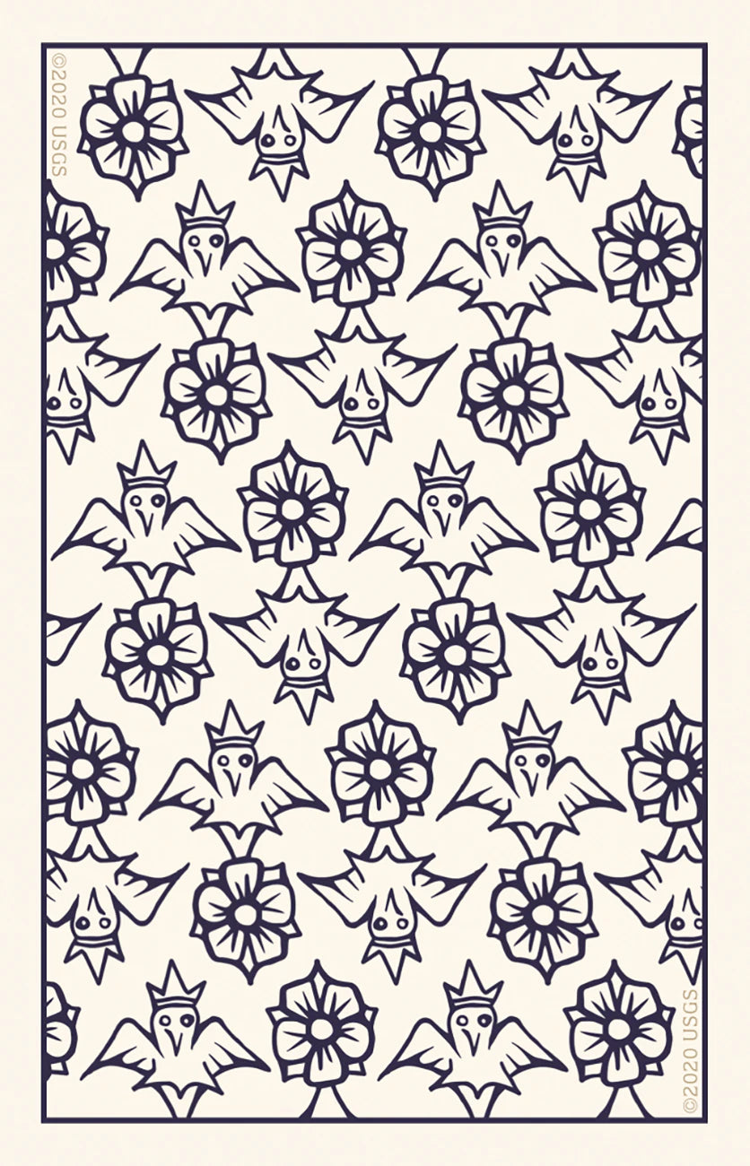 Pattern of black floral and cat-like shapes on a beige background