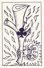 Black and white illustration of a stylized flower with leaves and a clover leaf.