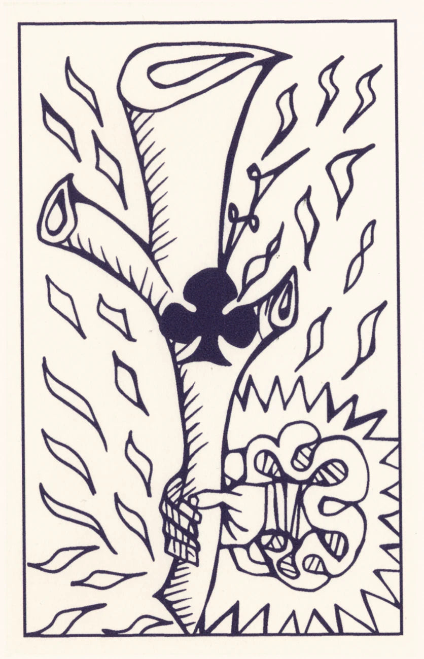 Black and white illustration of a stylized flower with leaves and a clover leaf.