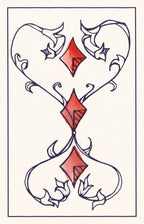 Decorative card with red diamond symbols and white floral patterns on a beige background