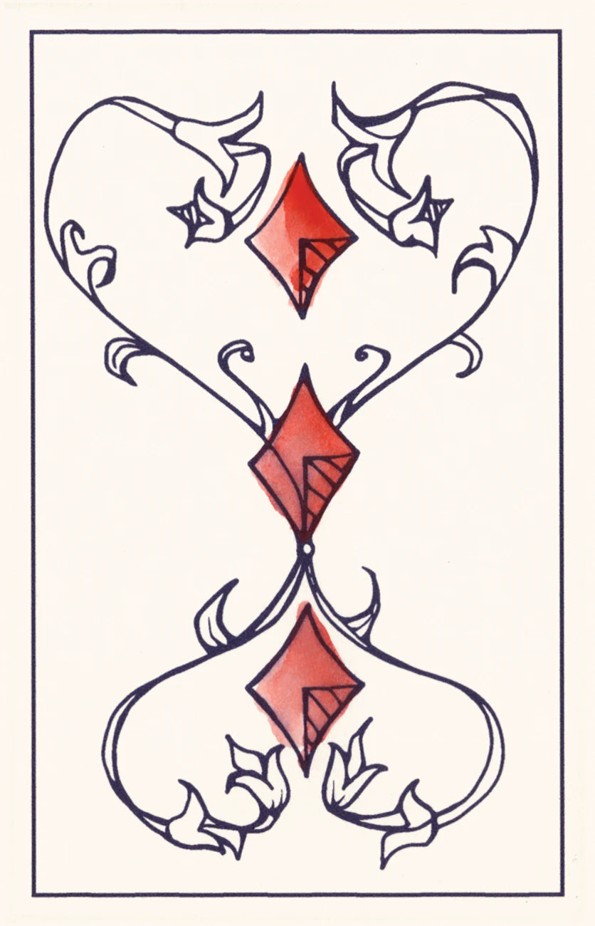 Decorative card with red diamond symbols and white floral patterns on a beige background