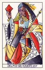 Colorful illustration of a tarot card featuring a woman with a red card and spear.