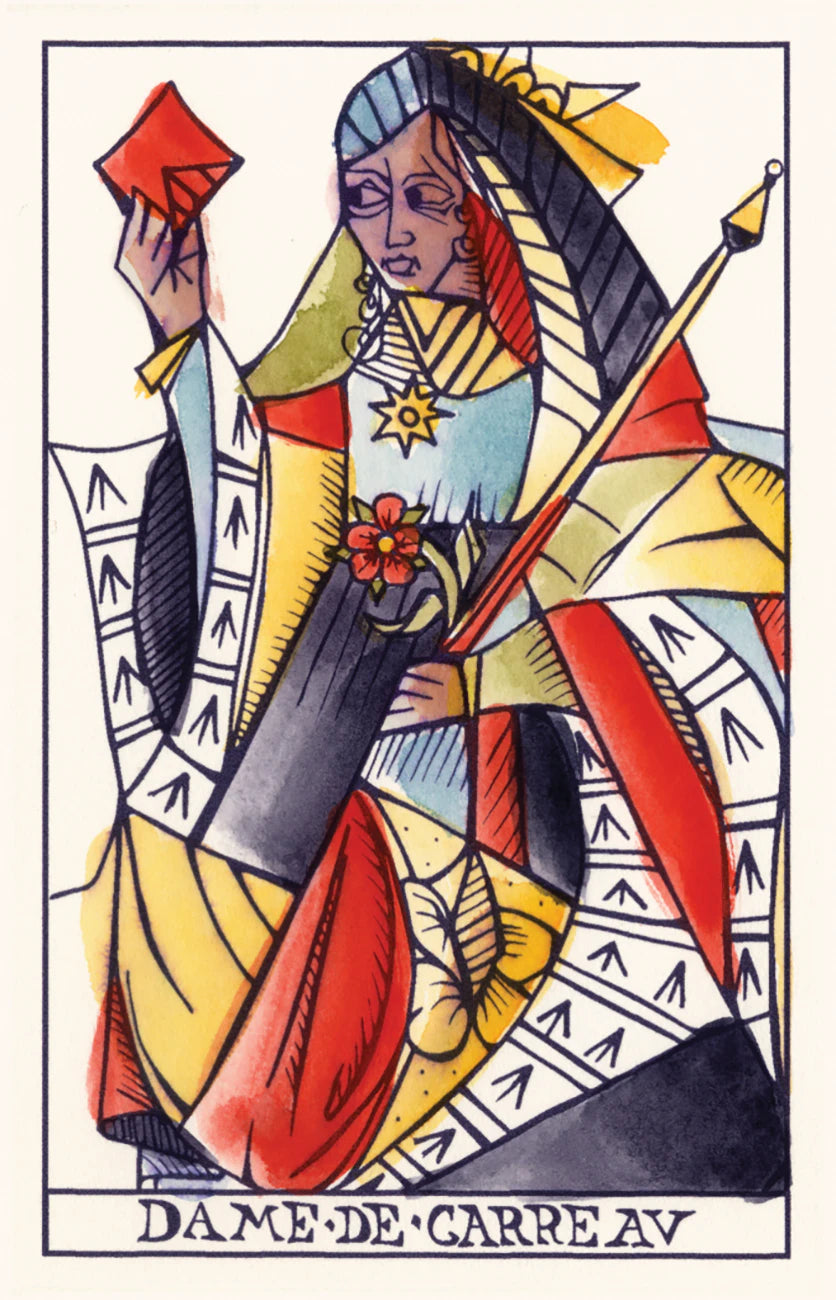 Colorful illustration of a tarot card featuring a woman with a red card and spear.