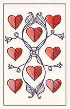 Decorative design with red hearts and black arrows on a white background