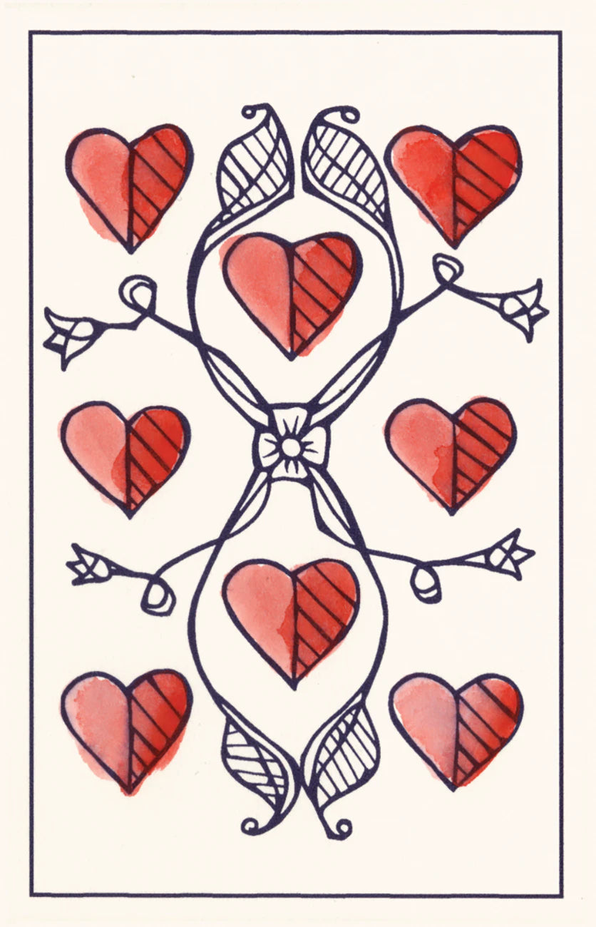 Decorative design with red hearts and black arrows on a white background
