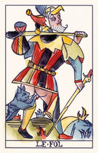 Card from a tarot deck featuring a character labeled 'Le Fol' with a colorful design.
