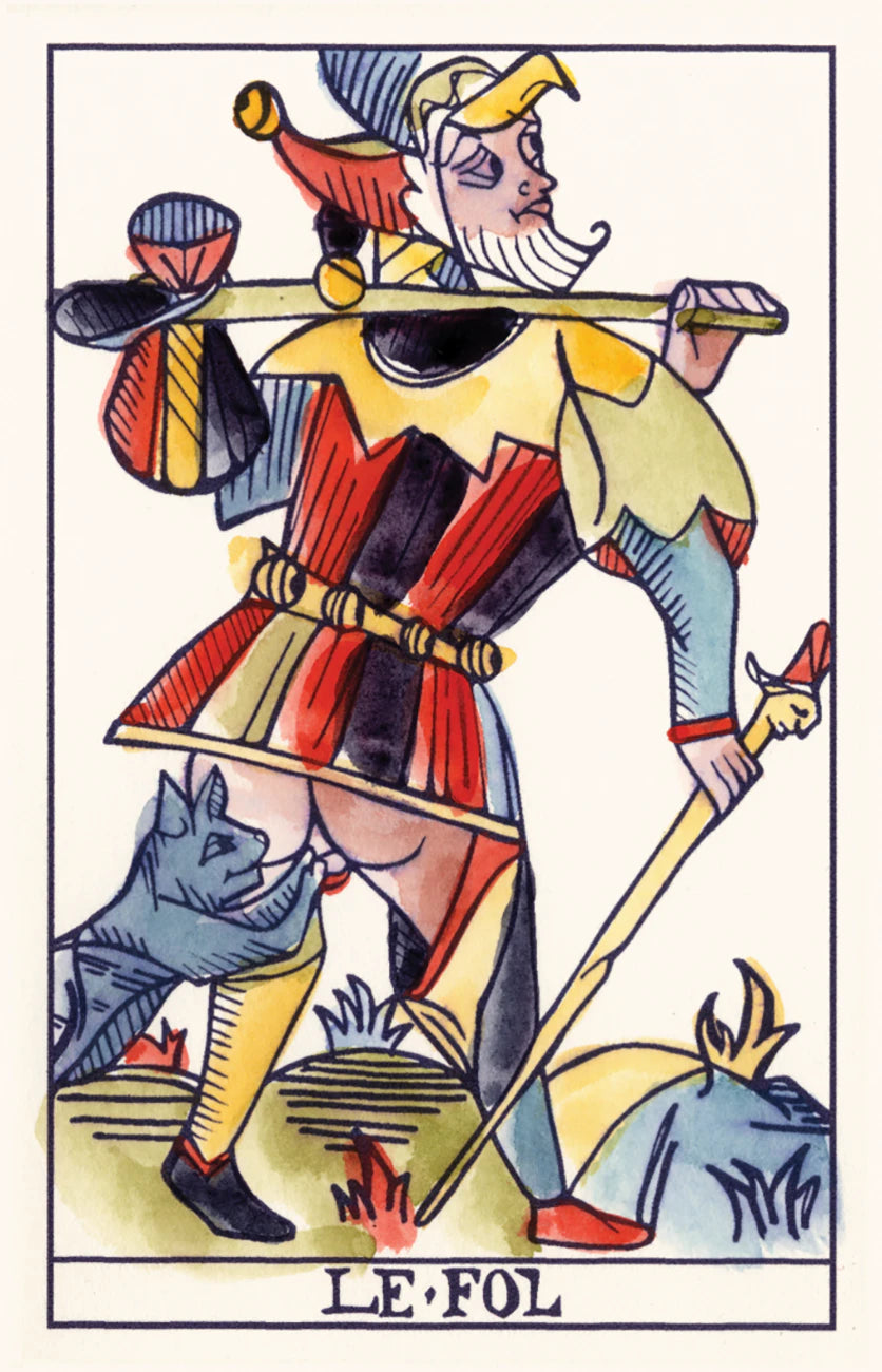 Card from a tarot deck featuring a character labeled 'Le Fol' with a colorful design.