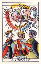Tarot card with three figures and a winged figure above, featuring the text 'VI LAMOUREV'.