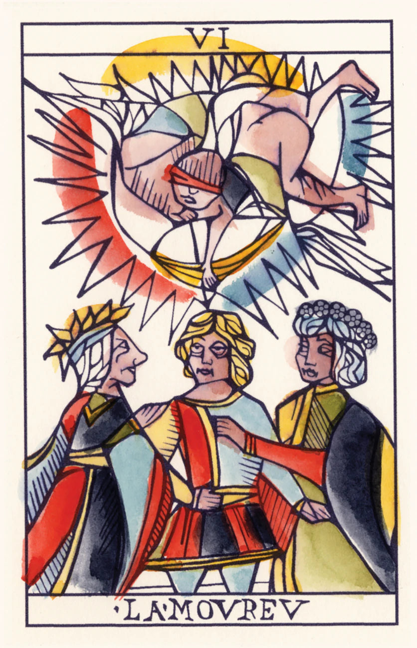 Tarot card with three figures and a winged figure above, featuring the text 'VI LAMOUREV'.
