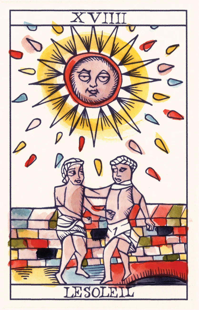Tarot card titled 'Les Soleils' with two figures and a sun-like symbol.