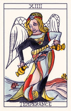Tarot card featuring an angelic figure labeled 'Temperance', with wings and a sword.