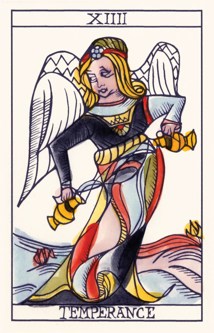 Tarot card featuring an angelic figure labeled 'Temperance', with wings and a sword.