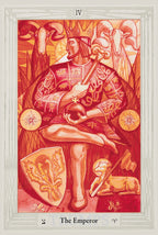Tarot card featuring 'The Emperor' with a king holding a sword and shield on a red background.