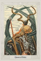 Tarot card featuring a figure with large antlers and a goat, labeled 'Queen of Disks'.
