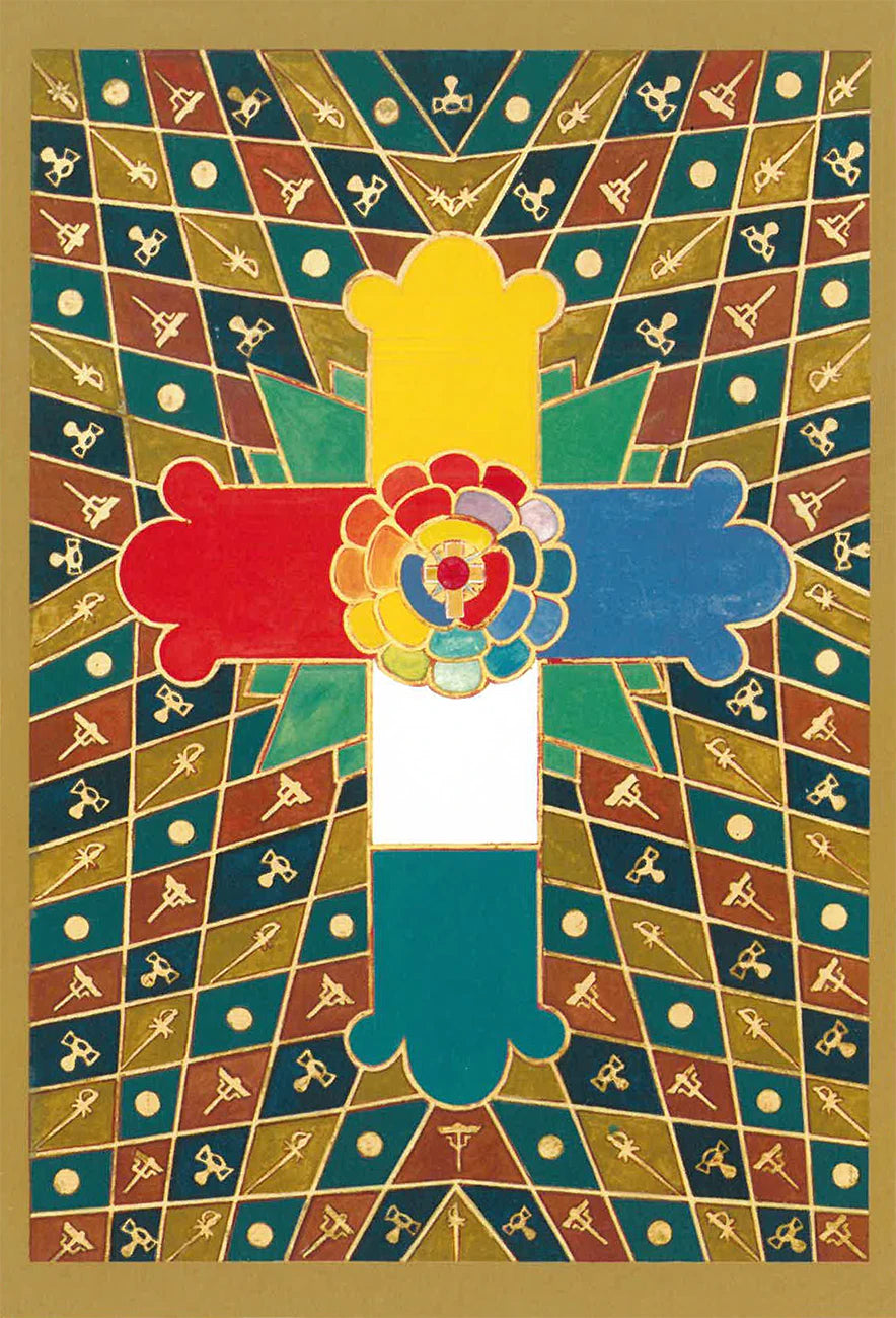 Colorful abstract design with geometric patterns and a central floral element on a patterned background.
