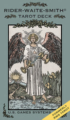Card from the Rider-Waite-Smith Tarot Deck with an angel holding scales on a gray background.