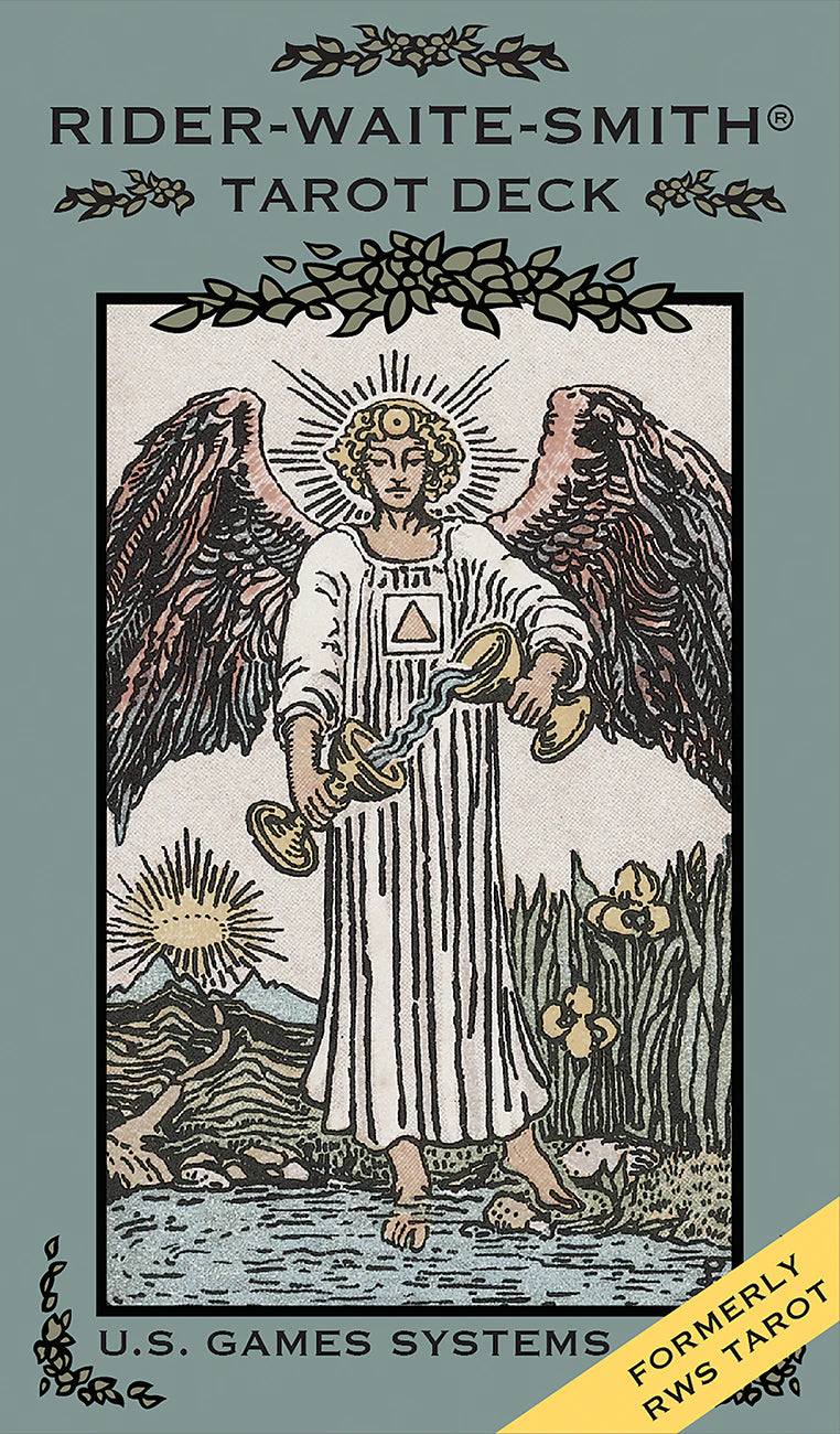 Card from the Rider-Waite-Smith Tarot Deck with an angel holding scales on a gray background.