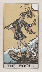 Tarot card featuring 'The Fool' with a person standing on a rock, holding a sword and a flower, with mountains and sun in the background.