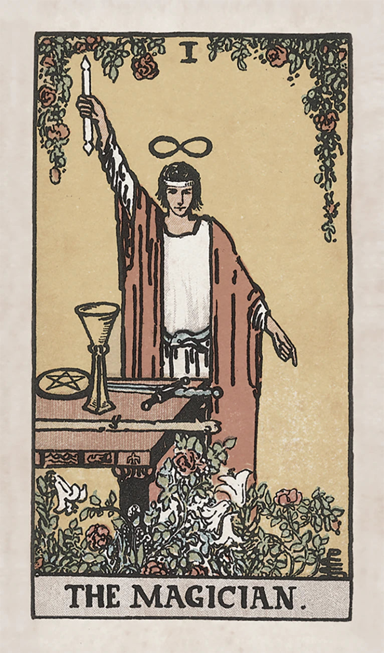 Tarot card featuring 'The Magician' with a central figure in robes holding a candle, surrounded by nature elements.
