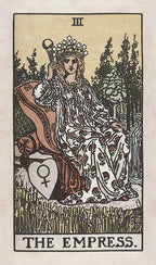 Tarot card featuring 'The Empress' with a woman in a flowing garment and crown, holding a scepter, in a forest setting.