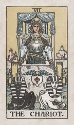 Tarot card titled 'The Chariot' with a central figure and sphinxes on a beige background.