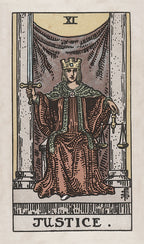 Tarot card featuring a figure labeled 'Justice' with a sword and scales.