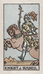 Knight of Wands tarot card with a rider on a horse, holding a staff.