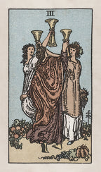 Vintage-style tarot card with three figures holding cups against a light blue background