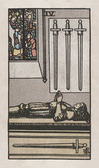 Vintage illustration of a tarot card with a figure lying down and three swords above.