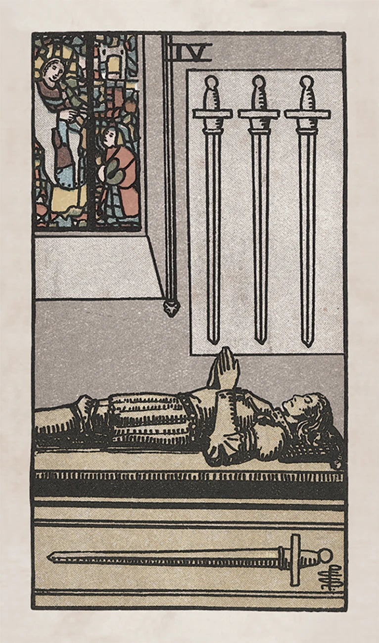 Vintage illustration of a tarot card with a figure lying down and three swords above.