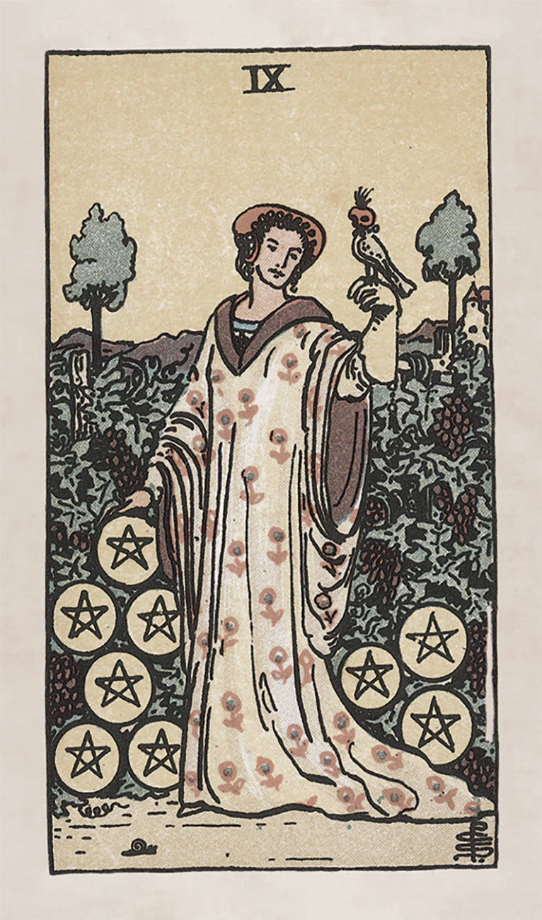 Tarot card with a figure holding a bird, surrounded by pentacle symbols and trees.