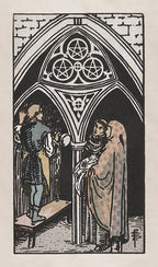 Illustration of two people in a gothic setting with a pentagram symbol above them.