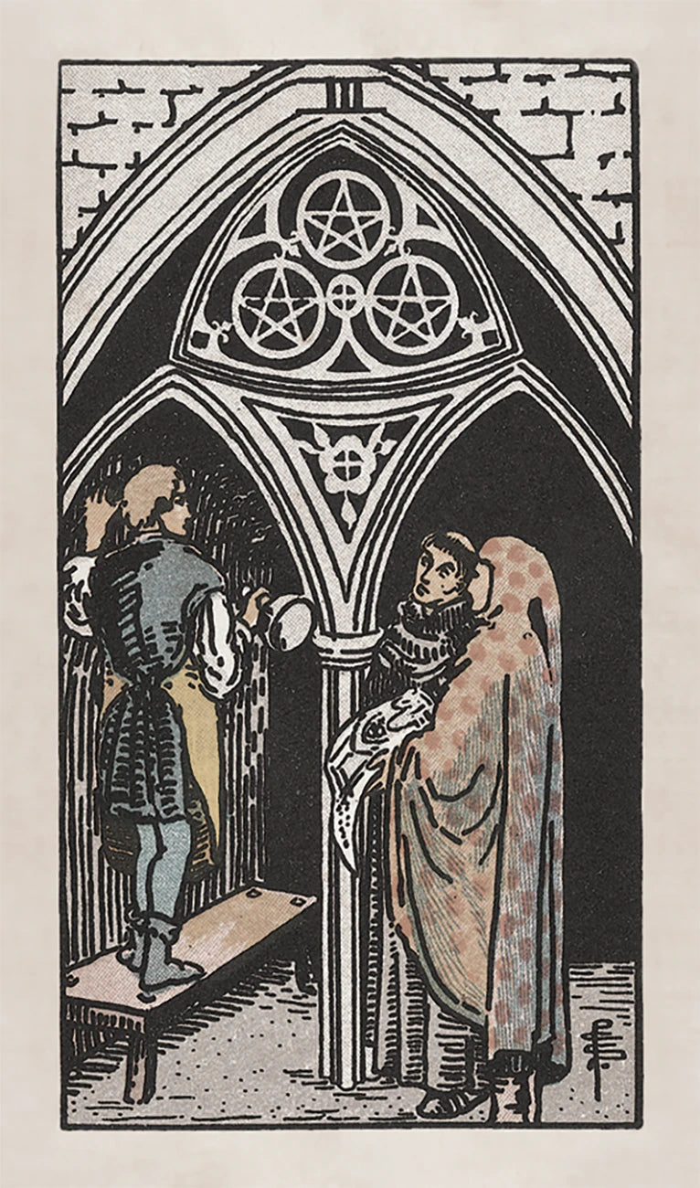 Illustration of two people in a gothic setting with a pentagram symbol above them.