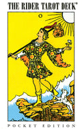 Card from The Rider Tarot Deck with a person in a colorful outfit against a yellow background