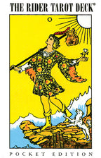 Card from The Rider Tarot Deck with a person in a colorful outfit against a yellow background