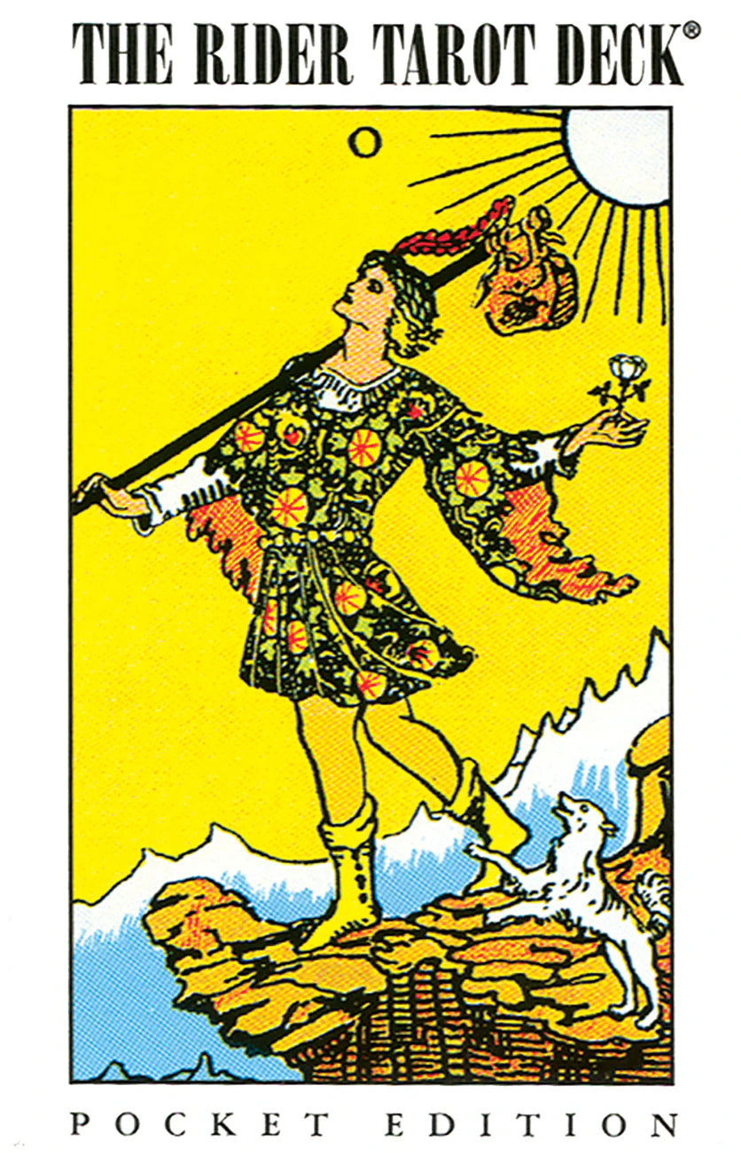 Card from The Rider Tarot Deck with a person in a colorful outfit against a yellow background