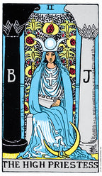 Tarot card featuring 'The High Priestess' with a figure in blue robes and a cat, surrounded by decorative elements.